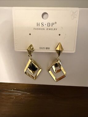 Gold Geometric Drop Earrings - Black Accent